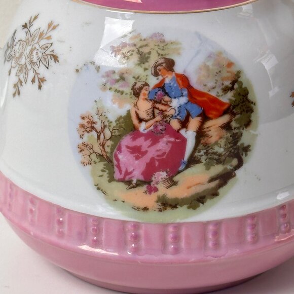 Vintage Norleans Porcelain Teapot With Romantic Scene & Pink Accents - Picture 3 of 12